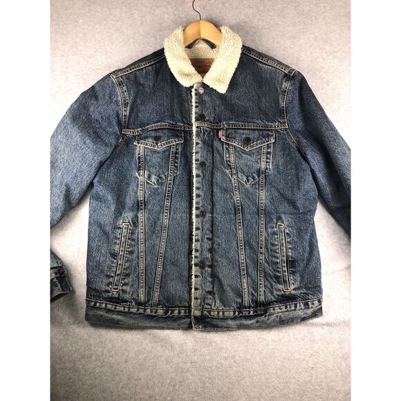 Levi's Mens Blue White Cotton Long Sleeve Sherpa Lined Denim Trucker Jacket L